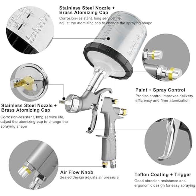 BENTOHKLE D1 LVLP AIR SPRAY GUN KIT WITH 10PCS 600ML DISPOSABLE MIXING CUPS 1.3/1.5/1.7MM NOZZLES AUTOMOTIVE PAINT GUN CAR PAINT SPRAYER FOR HOUSE PAINTING FURNITURE DIY - Image 4